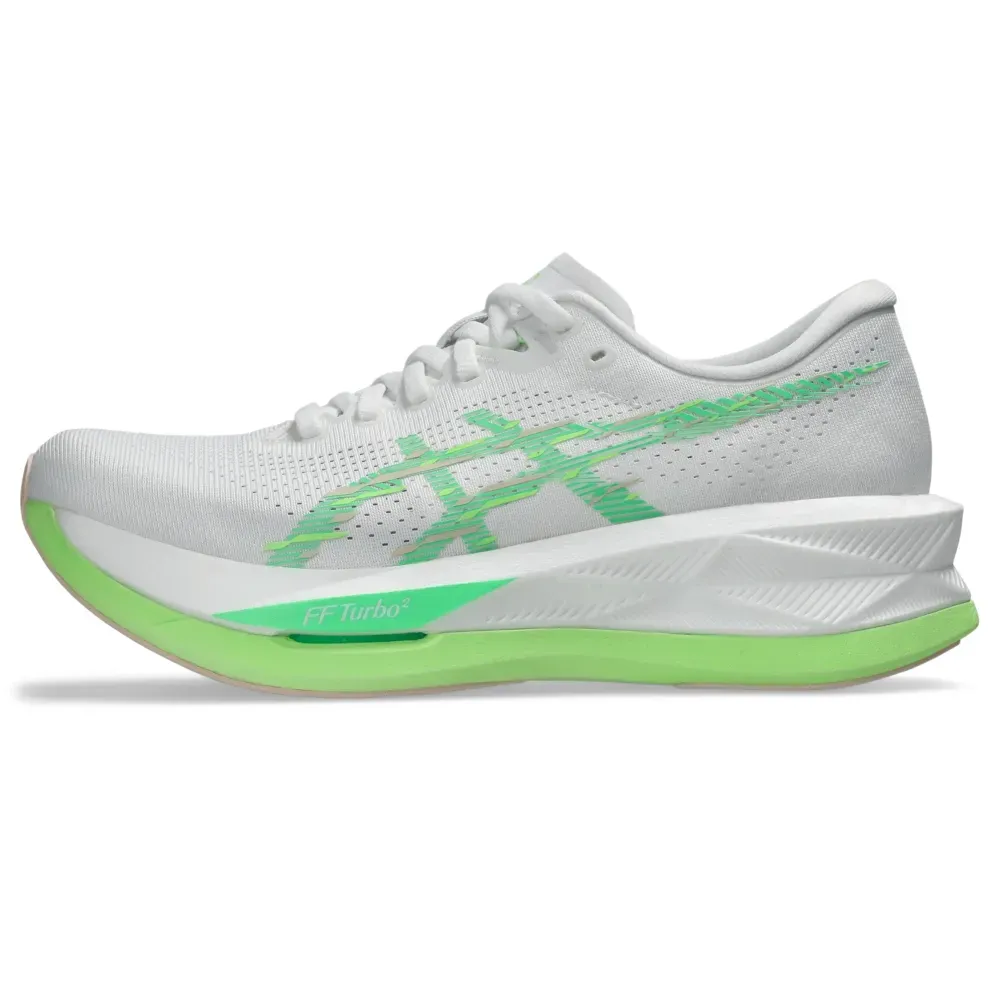 Tênis de corrida feminino Asics Sonicblast branco e verde vista lateral